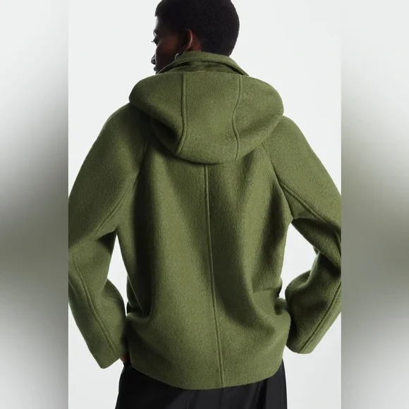 COS Hooded Boiled-Wool Coat Olive Green Size Large Minimalist Wool